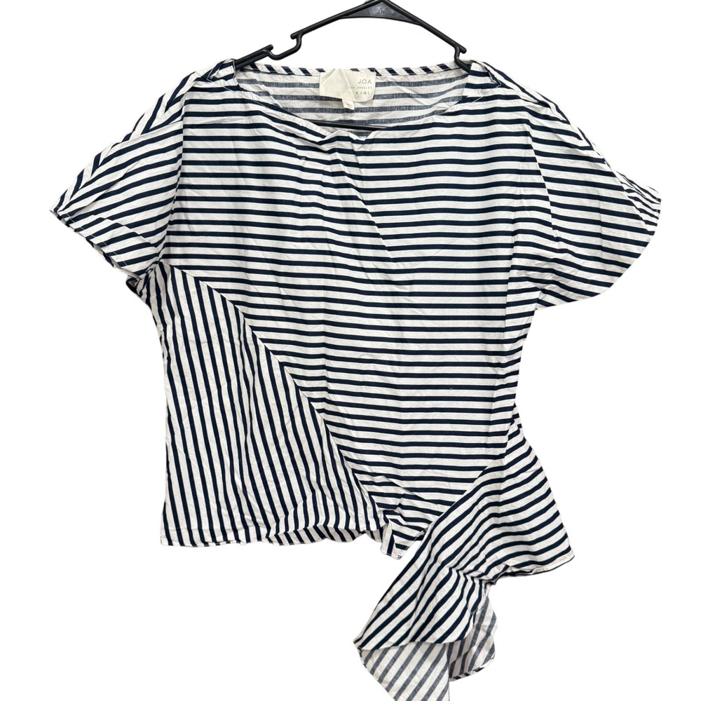 JOA Striped Short Sleeve Ruffle Hem‎ Top Black White Unique Asymmetric Design